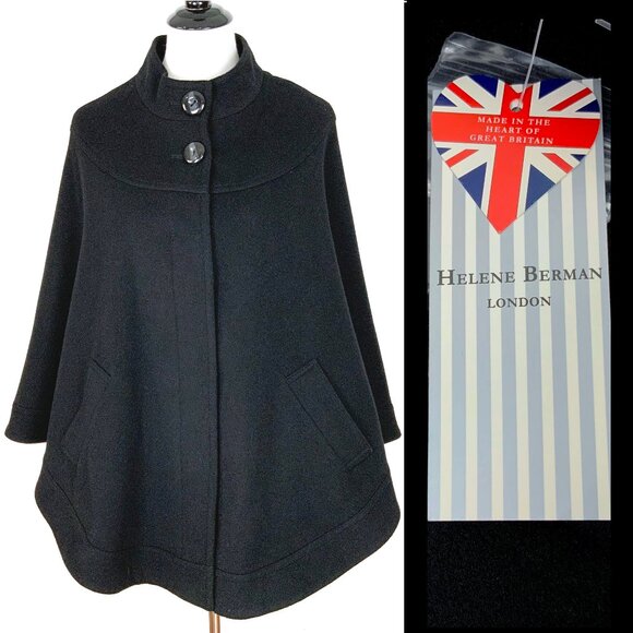 New Helene Berman London Black Wool Cashmere Poncho Cape Medium